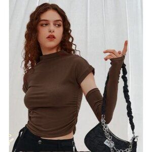 Women's Long Sleeve Mock Neck Crop Top Y2K T Shirts Blouses XL coffee NEW